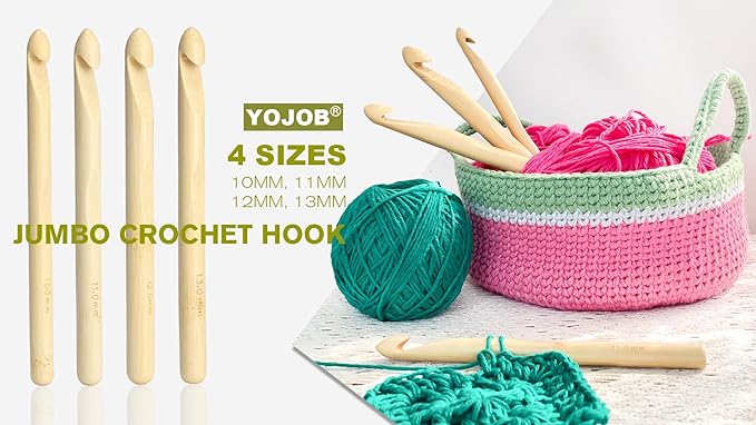 YOJOB Large Crochet Hooks, Bamboo Jumbo Crochet Hook for Chunky Yarn, Big Crochet Needles Set of 4 Sizes in 10mm, 11mm, 12mm, 13mm