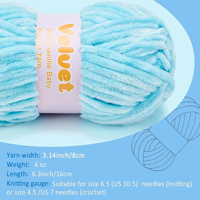 Velvet Yarn Chenille Yarn for Crocheting and Knitting Soft Chenille Bulky Baby Blanket Yarn DIY Weaving Craft 2pack Blue(4oz 66yds Each)