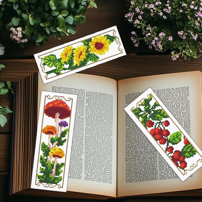 INFUNLY 6 Set Tulips Cross Stitch Bookmark Kit Sunflower DIY Cross Stitch Kits 8.5x2.9 Pre-Printed Plant Stamped Embroidery Bookmark Kit with Instruction for Beginners Adults Book Lovers