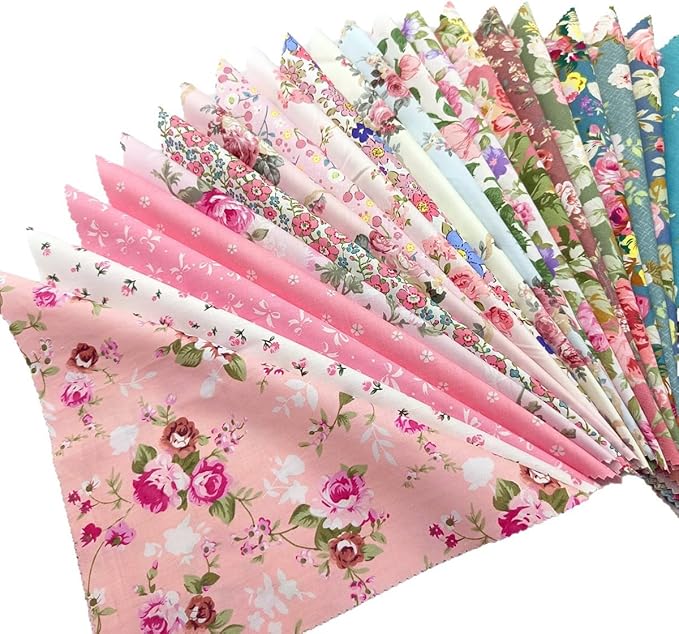 22Pcs 10" Pink Floral Fabric Squares No Repeat Charm Pack, Precut Quilting Cotton with Wavy Edges,10 Inch Squares for Quilting