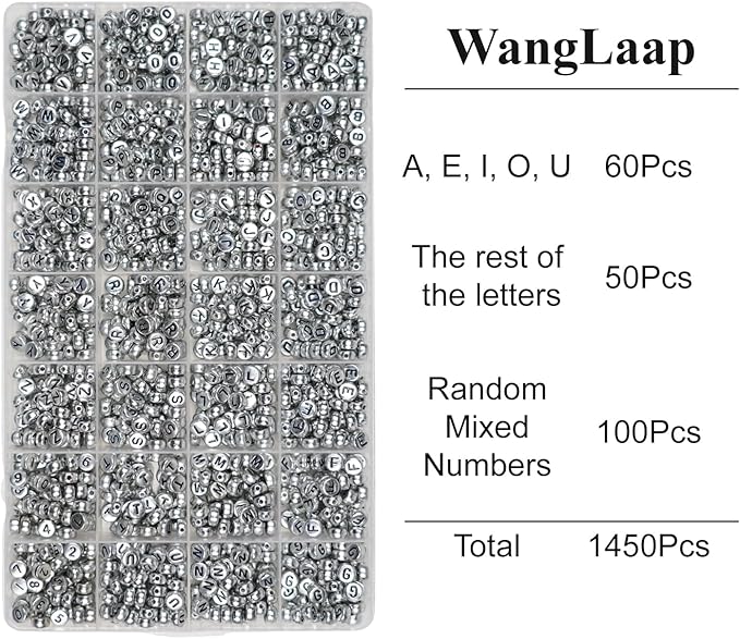 1450Pcs Silver Acrylic 4x7mm Round Letter Beads Kits Alphabet A-Z (Extra for Vowel Letter) and Number Beads for Bracelets Necklaces Jewelry Making (Silver, 4x7mm)