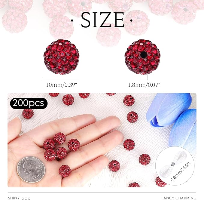 200 pcs dark red rhinestone beads for jewelry making, sparkle crystal clay christmas for bracelet baseball necklace earring crafting and diy, shiny round shamballa disco ball beads bulk