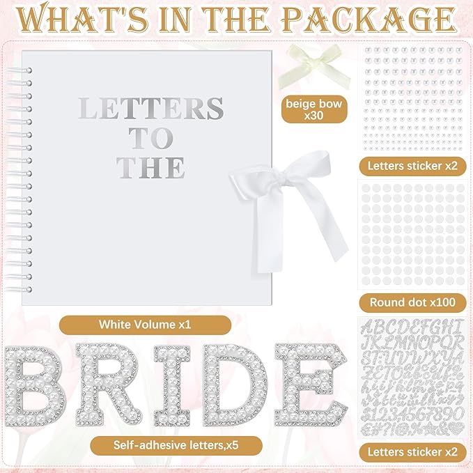 Fuyoooo 10 x 10 Inch Letters to The Bride Scrapbook Wedding Memory Book Bridal DIY Blank Paper Scrapbook Photo Album Guest Book Sign with Pearl Stickers, Metallic Letters, Bows (White)