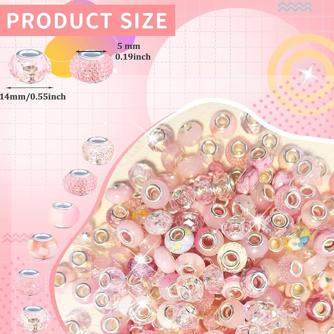 Large Hole Pink European Beads for Pens - 100 Pieces Assorted Fairy Wand Garden Lampwork Craft Spacer for DIY Charms Bracelet Necklace Decoration Jewelry Making Supplies