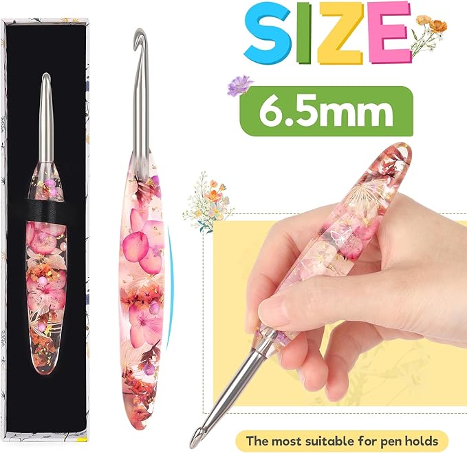 Katech 6.5mm Crochet Hook for Arthritic Hands, Hand-Polished Stainless Steel Ergonomic Crochet Hooks with Customized Sparkle Dried Floral Grip, Soft Tapered Hook-Crochet Gift for Beginner & Crocheter