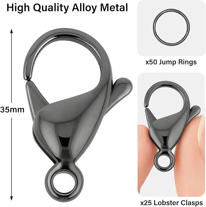 Mandala Crafts 35mm Gunmetal Metal Lobster Clasps for Jewelry Making - 25 Lobster Claw Clasps with Jump Rings Jewelry Findings Kit for Necklaces Bracelets Charms Fasteners