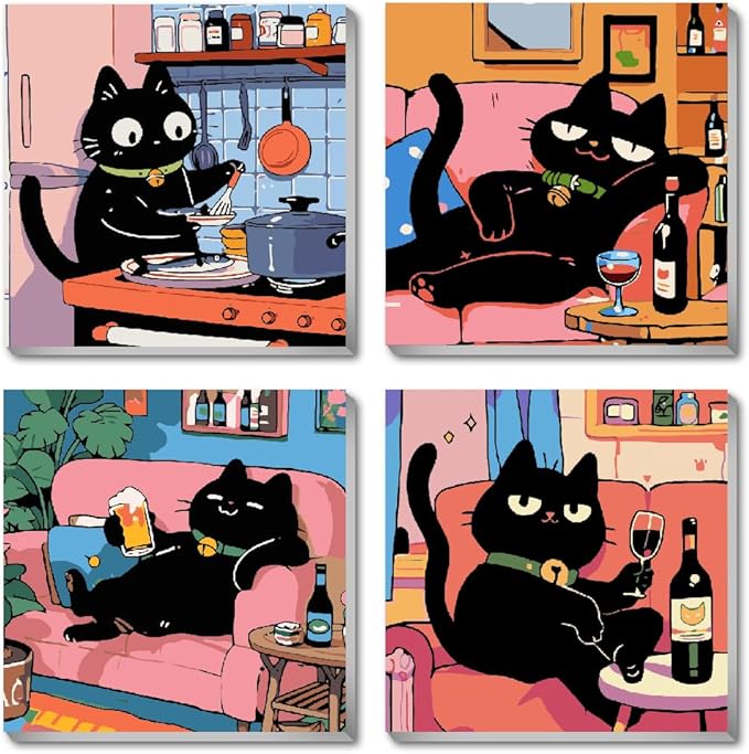 4Pack Funny Black Cat Kitchen Paint by Numbers Kit for Kids, Vintage Animals Easy Framed Adults Paint by Numbers Kits, DIY Cute Cat Acrylic Oil Painting Number Kits for Home Wall Decor (8 x 8 Inch)