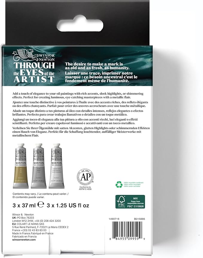 Winsor & Newton Winton Oil Color Paint Set, Metallics, 3 x 37ml Tubes