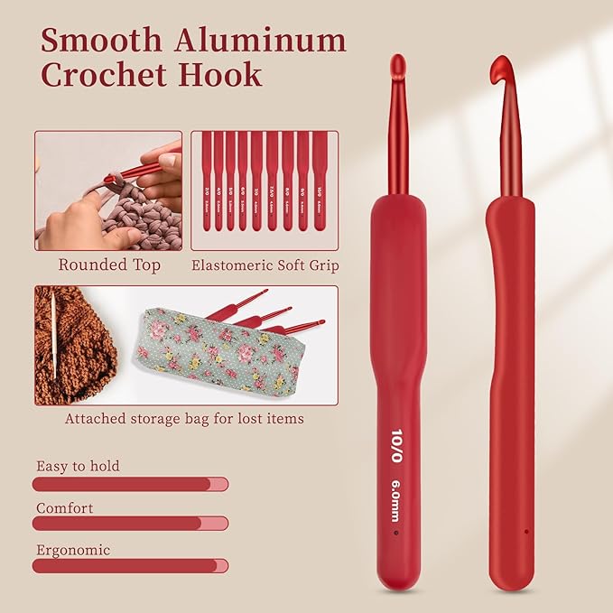 CLYAIYLC 9 Size Red Crochet Hook Set, 2.0-6.0mm Soft Touch Aluminum Crochet Hooks Ergonomic Crochet Hooks for Arthritic Hands,Ideal Gift for Beginner Lover