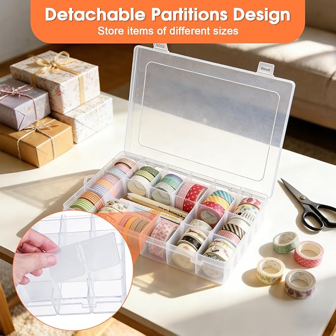 Washi Tape Organizer Box, 36 Grids Clear Plastic Box with Removable Dividers, Ideal for Washi Tape Storage and Carrying, Suitable for Storing Stationery, Jewelry, Beads, Art DIY Crafts, Art Supplies