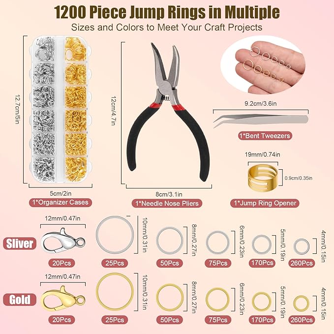 1200 Pcs Jump Rings for Jewelry Making Supplies, Necklace Repair Kit with Open/Close Tools, Pliers, Tweezers, Lobster Clasps, Jewelry Jump Rings for Crafts and Key Chains (Silver and Gold)