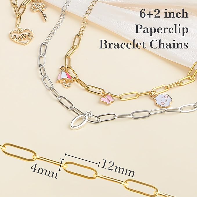 wisreach 10 pcs charm bracelet kit 18k gold plated paperclip chain — 6.3 inch adjustable stainless steel charm bracelets with lobster clasps for diy jewelry making (gold & silver)