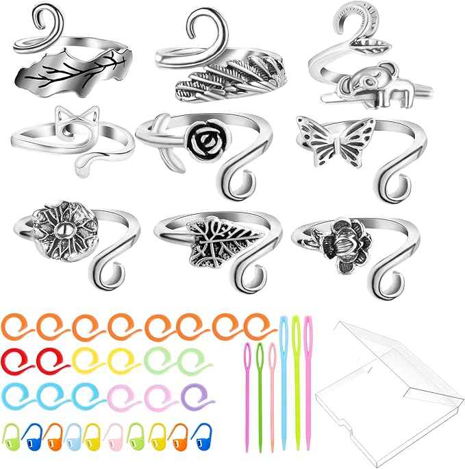 HUISUYTON 9PCS Crochet Ring for Finger, Adjustable Crochet Tension Ring, Yarn Rings for Crocheting Knitting Christmas Gifts for Women