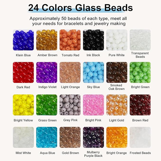 XSEINO About 1200PCS 6mm Original Color Glass Beads Bracelet Making Kit,24 Assorted Color Series Colorful Crystal Beads for Bracelet and Jewelry Making and DIY Crafts,Friendship Bracelets