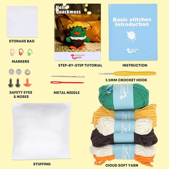CrochetBox Crochet Kit for Beginner, Duck Easy Learn How to Crochet Stuffed Animals Gift for Adults and Teen(), Knitting Set with Yarn Hook Stitch-by-Stitch Video Tutorial(30%+ Yarn)