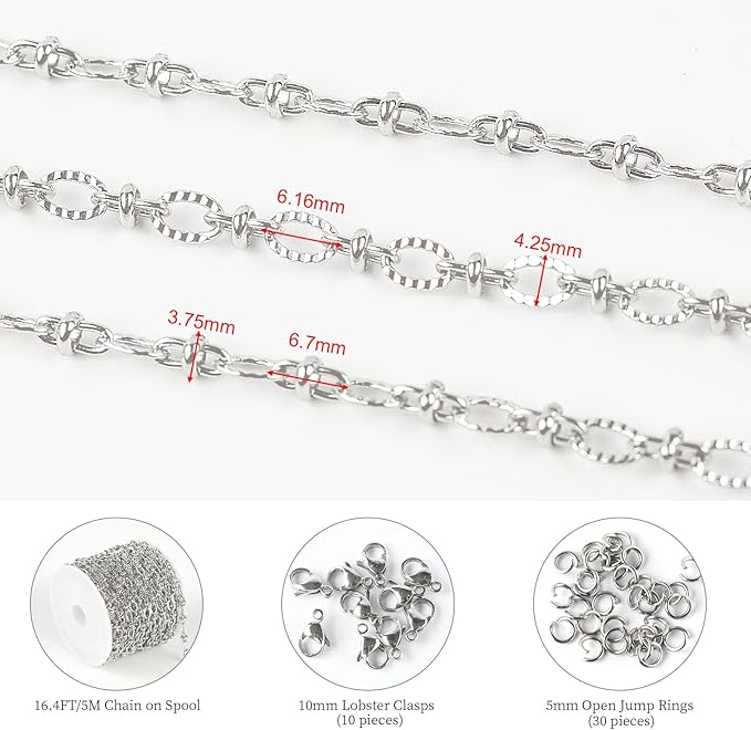 KYUNHOO 16.4 Feet Stainless Steel Chain Bulk Dainty Embossed Oval Cable Link Chain Roll Silver Jewelry Making Chains for Women Men DIY with Jump Rings Lobster Clasps