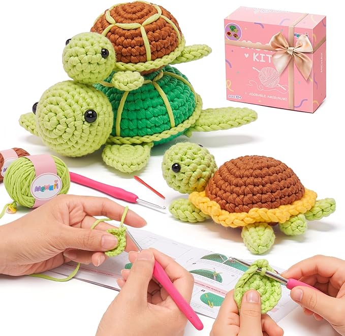 Mewaii Beginner Crochet Kit with 40% Extra Yarn, Pre-Started Yarn & Video Tutorials - 3 Sea Turtles Craft Set for Adults & Kids