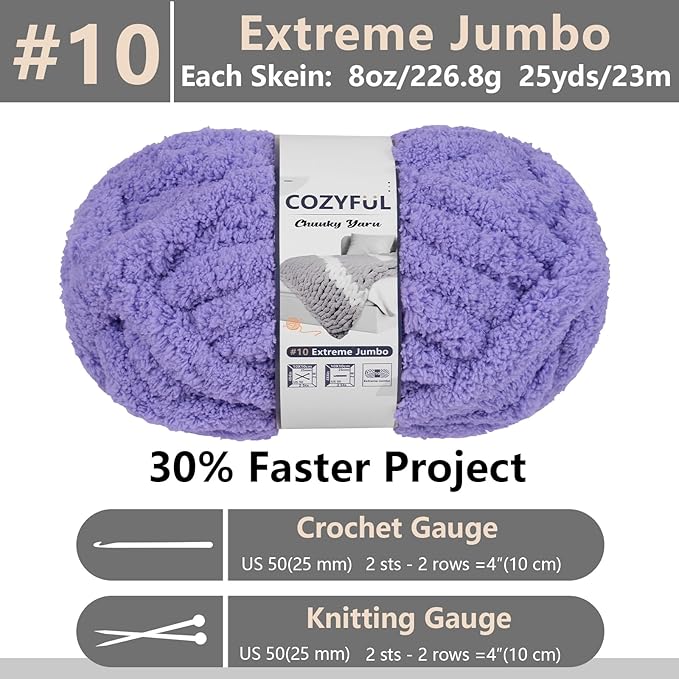 Chunky Yarn for Hand Knitting - #10 Chunky Chenille Yarn, Jumbo Big Thick Chunky Yarns for Crocheting, Super Bulky Chunky Knit Blanket Yarns, 8 Skein (25 yds 8 oz Each Skein), Lavender