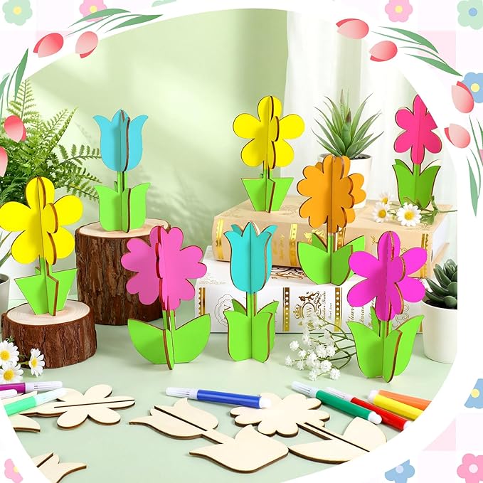 Blosssound 48 Pcs Spring Crafts Set 36 Pcs 3D Wooden Flower Cutouts Wood Unfinished Tulip Slices to Paint with 12 Colored Markers for DIY Mother's Spring Crafts Handmade Table Tiered Tray Decor