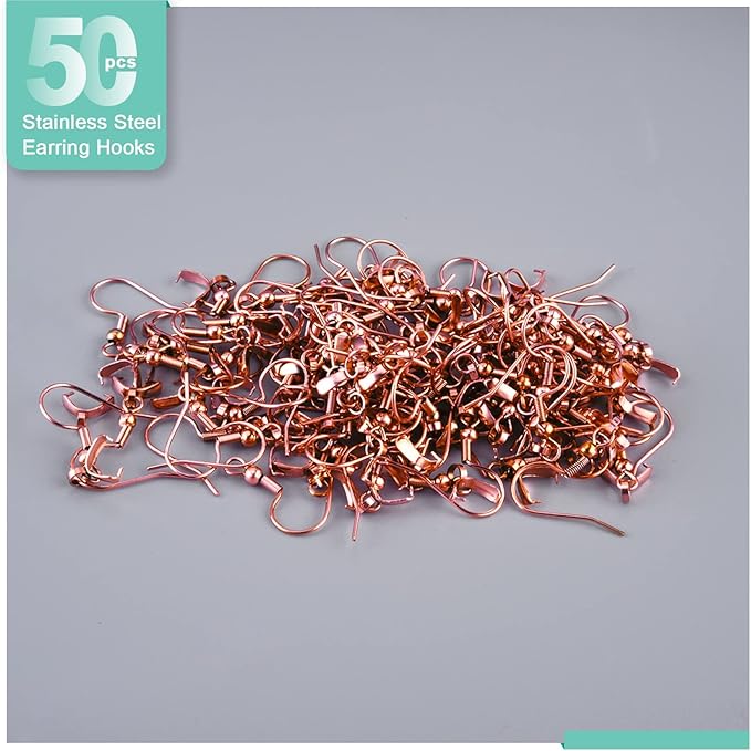 earring hooks 50pcs/25pairs, stainless steel rose gold ear wires fish hooks, hypo-allergenic jewelry findings parts for diy jewelry making