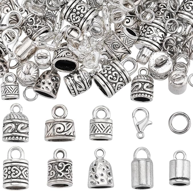 SUNNYCLUE 1 Box 230Pcs Cord End Caps Tibetan Antique Silver Leather Kumihimo Bracelets Supplies Glue in Crimp Tube Barrel End Tip Lobster Clasps Jump Rings Cord Terminator for Jewelry Making Kit