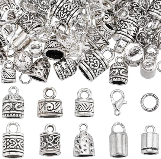 SUNNYCLUE 1 Box 230Pcs Cord End Caps Tibetan Antique Silver Leather Kumihimo Bracelets Supplies Glue in Crimp Tube Barrel End Tip Lobster Clasps Jump Rings Cord Terminator for Jewelry Making Kit