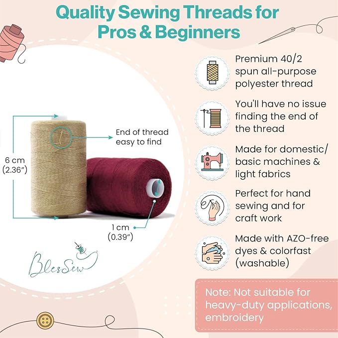 BlesSew Sewing Thread - 24 Spools of Polyester Thread for Sewing Machine for Beginners, Hand Stitching & Quilting - 1000 yds Each in 22 Colors + Bonus Black & White