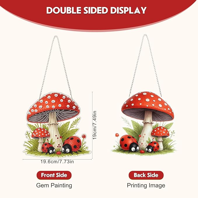 NEWENMO Diamond Art Hanging Kit for Adult, Cartoon Mushroom, DIY Double Sided Acrylic Special Shaped Diamond Art Painting Window Pendant Ladybug Mushroom, Home Garden Wall Hanging Ornament Kits