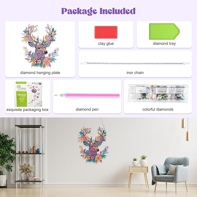 RICUVED Hanging Diamond Art Kit for Adults, Deer Special Shaped Crystal Gem Craft Flowers Diamond Painting Pendant Kit for Beginners, DIY Hanging Acrylic Art Ornament for Home Garden Wall Decor
