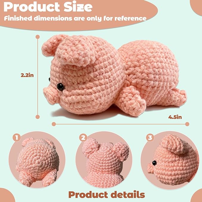 JueRum Pig Beginner Crochet Kits for Adult,Amigurumi Crochet Kit with Step-by-Step Video Tutorials, Learn to Crochet Pig Animals Knitting Kit for Adult