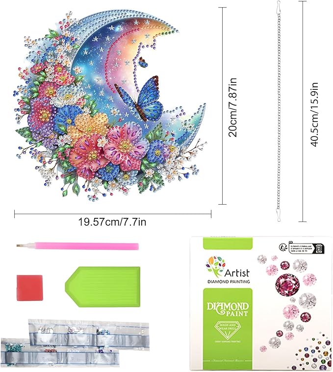 Lxmsja DIY Colorful Moon Diamond Painting Hanging Ornament, Double-Sided Acrylic Butterfly Diamond Art Kit, Special Shaped Suncatcher Hanging Pendant Window Art Kit