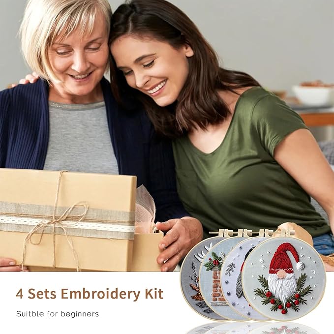 LB Christmas Gnome Embroidery Kit for Beginners: 4-Piece Cross Stitch Set with Penguin, Deer, Green Plant & Fireplace | Adults DIY Starter Kit Includes Hoop, Threads, Tools and Instructions