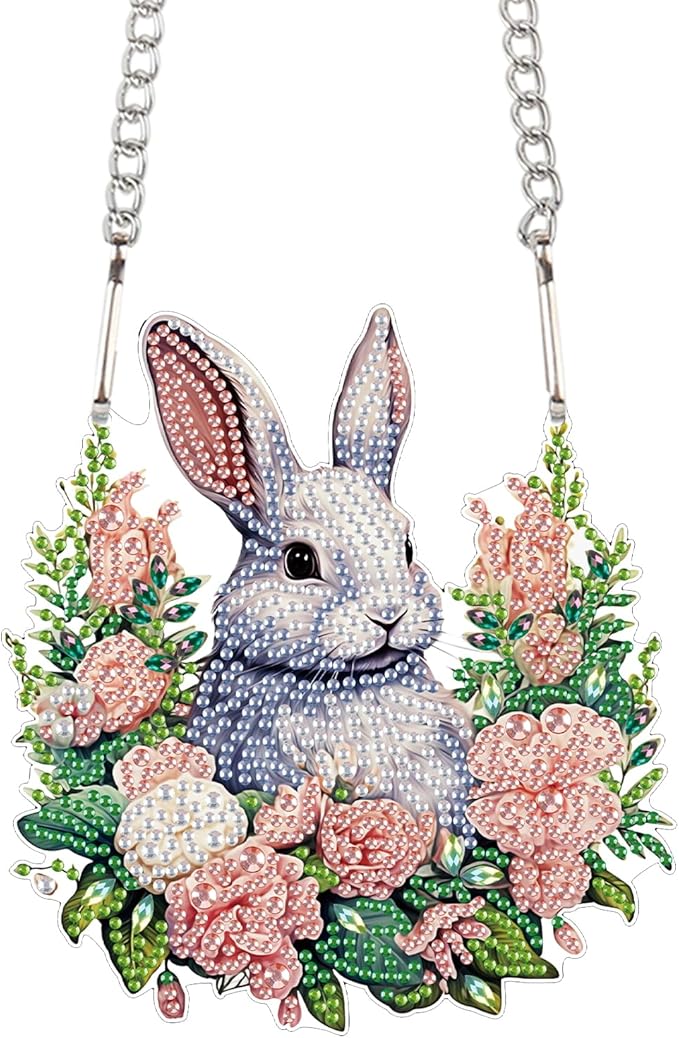 AiYuanzsh Rabbit Diamond Painting Hanging Pendant Kit, DIY 5D Acrylic Crystal Diamond Art Ornament for Window, Wall or Door, Handmade Decorative Craft Gift for Adults