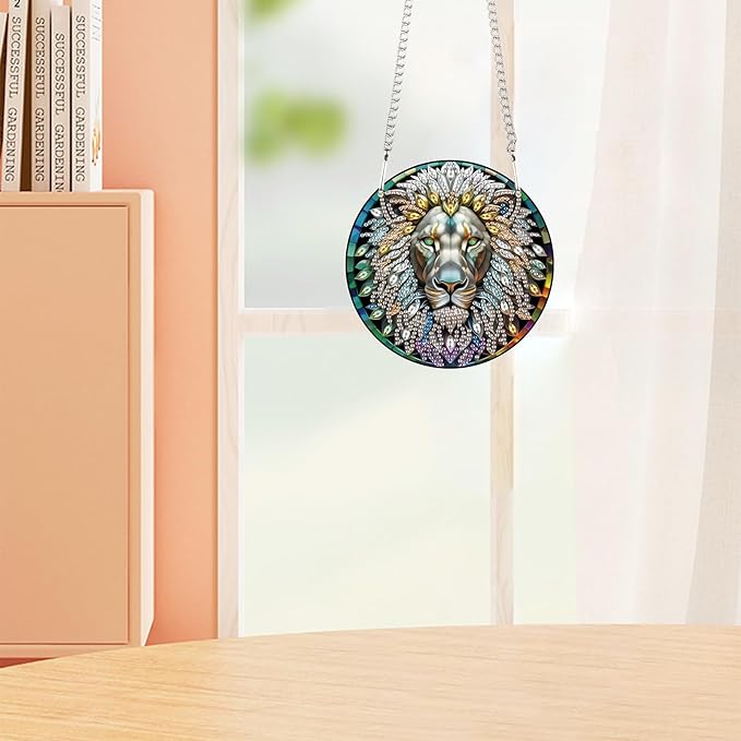 Lion Diamond Painting Hanging Kit, DIY 5D Acrylic Pendant with Special Shaped Rhinestones, Lion Head Diamond Art Ornament for Wall, Door, or Garden Decoration, Handmade Craft Gift for Adults