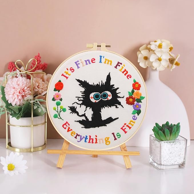 haootadiy beginner embroidery kit for adults, easy cross stitch kit for beginners and adults, full embroidery hoop kit with needles and thread included (pattern 1)