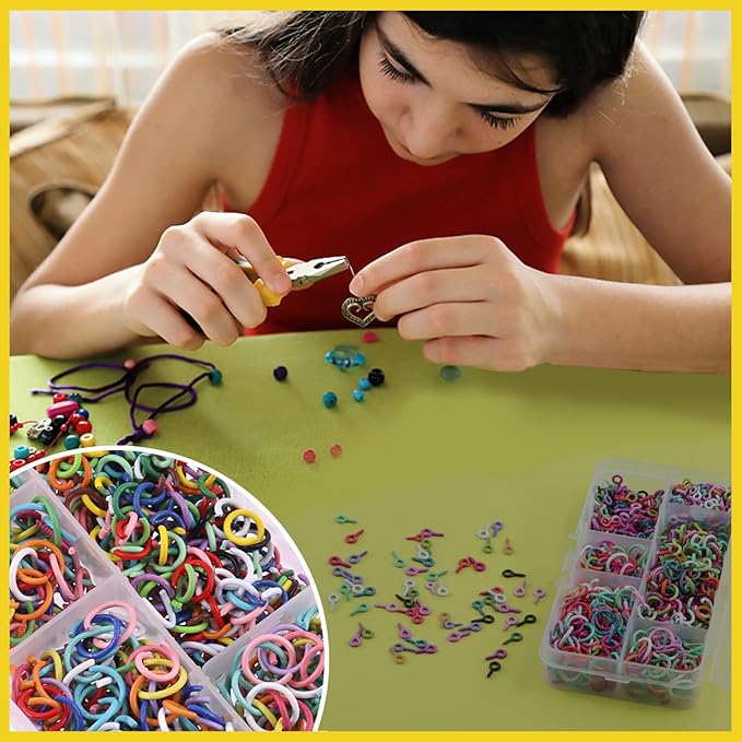 1200Pcs 2 Sizes Colorful Mini Screw Eye Pins and Open Jump Rings Kit Eye Pins Hooks Eyelet Threads Eye Screws Clasps Colored Jump Rings for Bracelet Jewelry Making (10x5mm, 8x4mm)