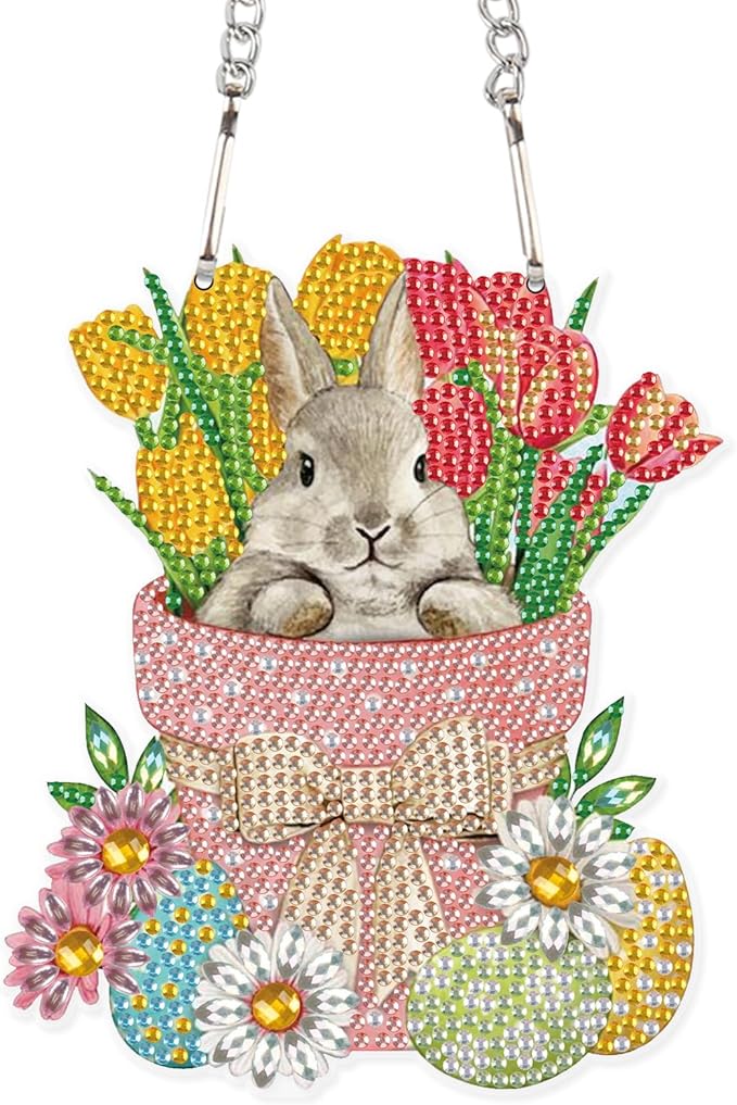 5D Rabbit Diamond Art Suncatcher Hanging Kit, DIY Crystal Diamond Painting Pendant Wall Window Door Decor, Handmade Animal Rhinestone Art Ornament Craft for Home, Garden, Easter or Birthday Gifts