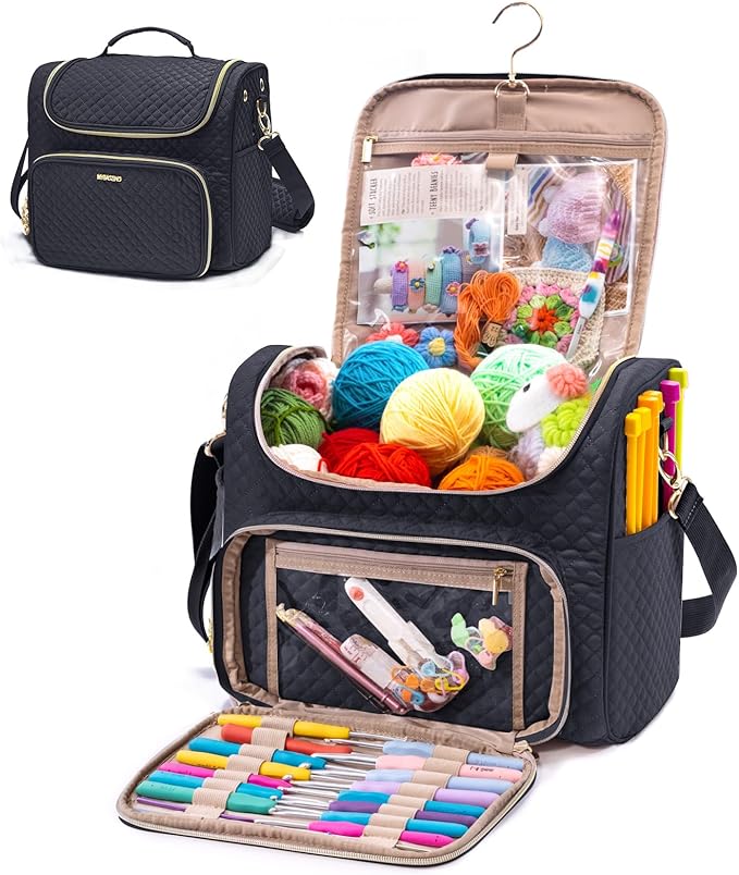 Crochet Bag Organizer - Quilted Storage Bag with Hanging Hook, Knitting & Yarn Tote for Crochet Accessories, Mother's Day Gift