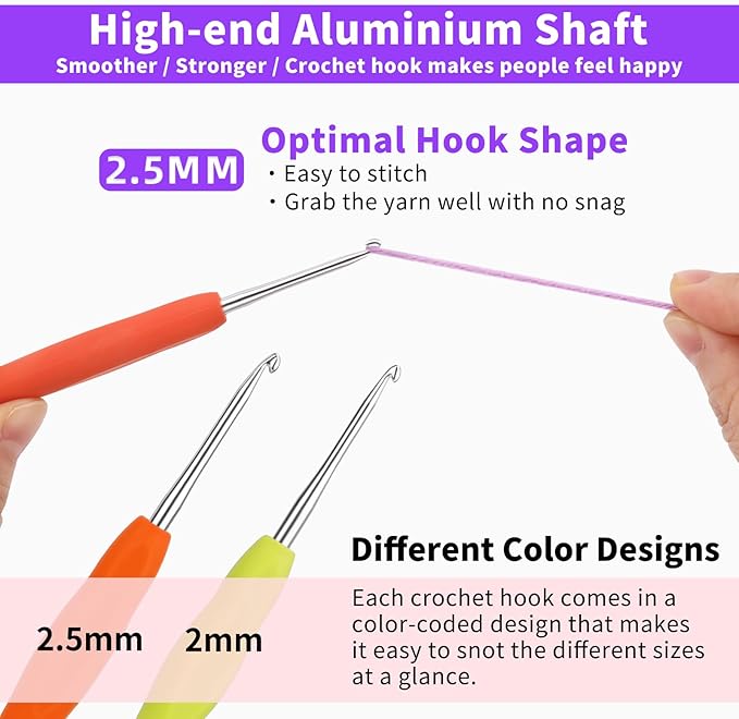 Iuuidu 2PCS 2.0mm 2.5mm Crochet Hooks, Ergonomic Handle Crochet Hooks for Arthritic Hands, Extra Long Crochet Needles for Beginners, Comfortable Smooth Knitting Needles for Handmade DIY Multicolor