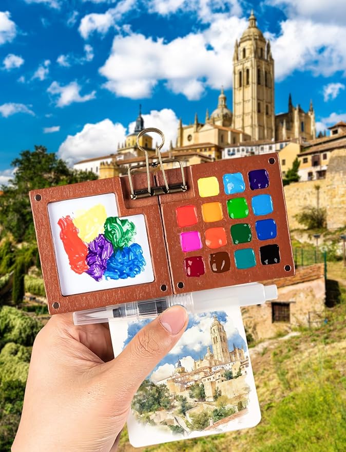 Mini Watercolor Travel Set, Mini Watercolor Paint Set with 2 Wooden 15-Grid Palette, 24 Colors Paint, 2 Sketch Books and 4 Brushes, Copper Clip and Sketchbook for Travel Painting