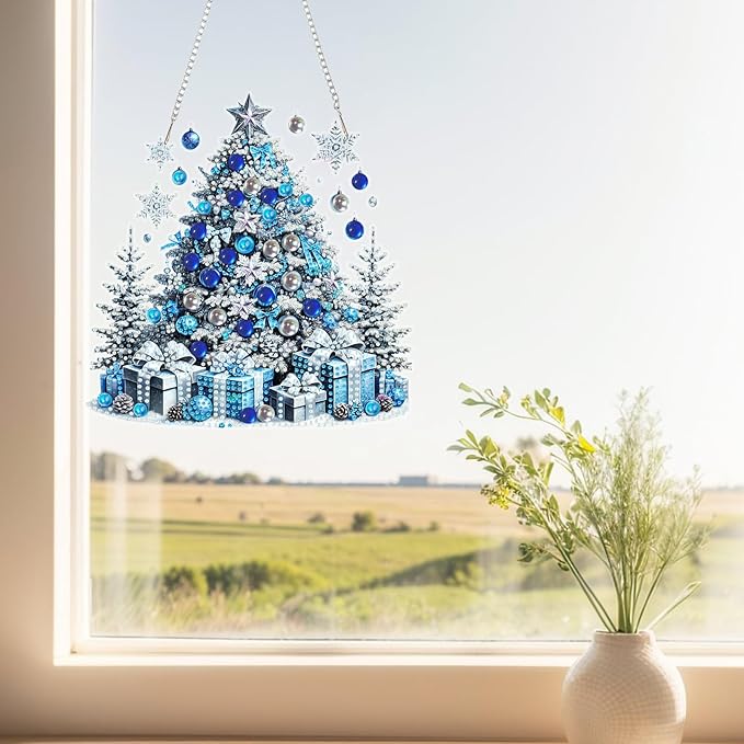 SHLUHA Diamond Art Kits for Adults Diamond Art Christmas Tree Design Special Shape Acrylic Hanging Pendant Crystal Mosaic Home Wall Door Window Decor with Chain Handmade Christmas Gift(LG76)