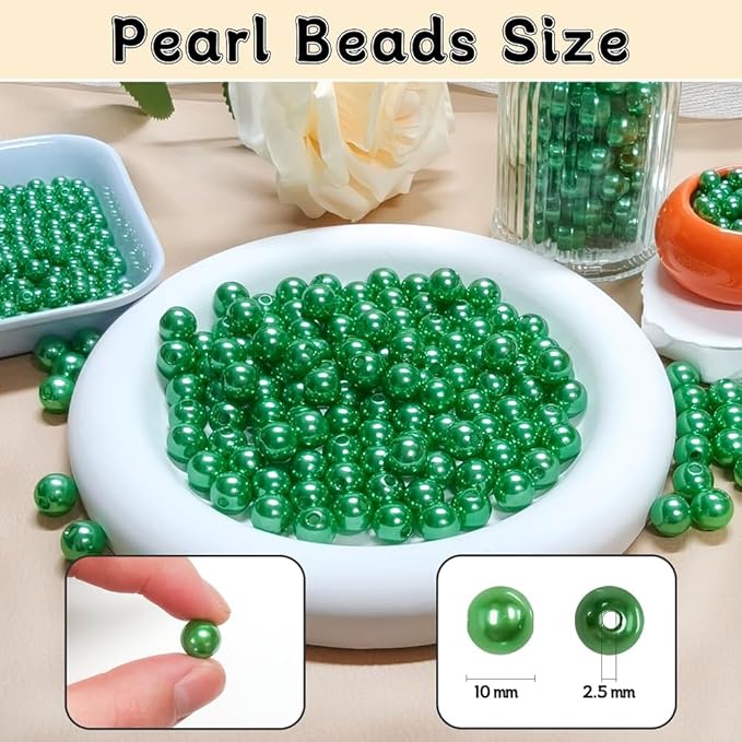 Pearl Beads for Jewelry Making Holes ABS Craft Beads with Holes for Jewelry Making, Bracelet, Necklace Crafting Bulk Bead Kit (10mm, Green/450 pcs)