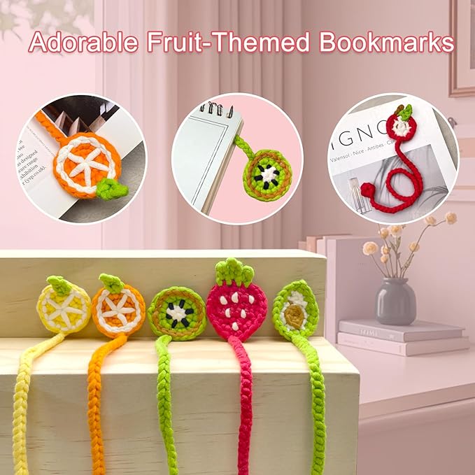 LOLCROCHET Crochet Kit for Beginners, 8pcs Fruit-Themed Learn Bookmarks Crochet Starter Set with Video Tutorial & Manual, Easy Yarn Knitting Kit for Adults, DIY Xmas Holiday Crocheting Gift
