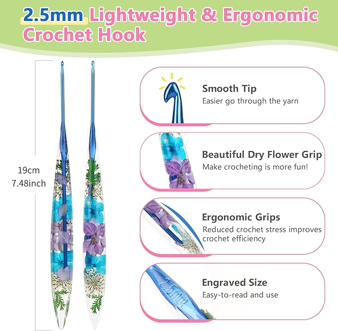 Katech 2.5mm Crochet Hooks with Floral Pattern-Elegant &Unique Crochet Needles-Longer Smooth Glide Crocheting Hook for Arthritic Hands, Beginners & Professional Ideal Crochet Gift