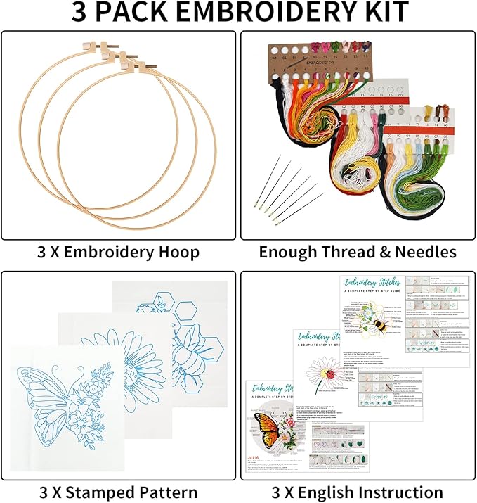 Nuberlic 3 Pack Funny Embroidery Kits for Adults Beginner, Stamped Cross Stitch Kit for Crafts Starters with Cute Bees Butterfly Patterns Include Hoop Cloth Thread Needles Instructions