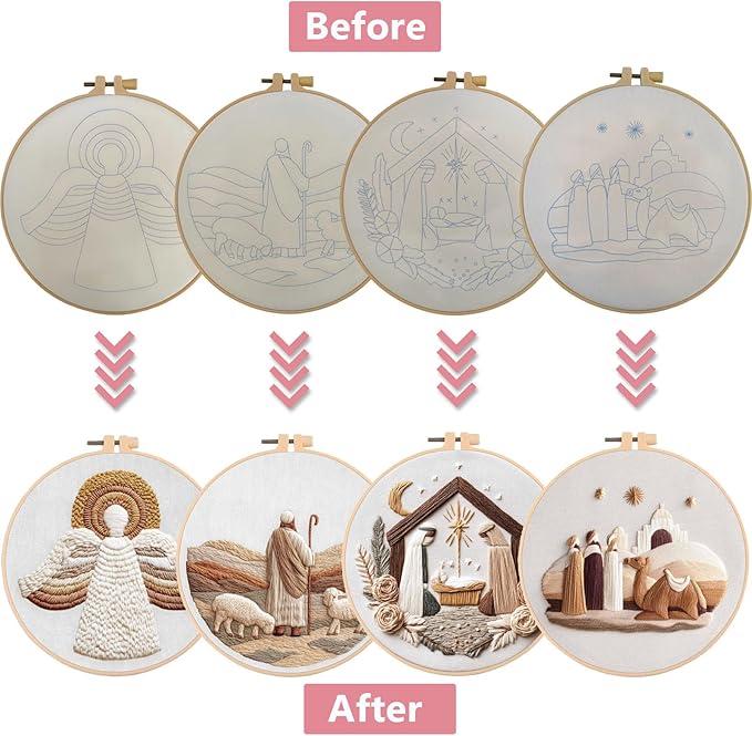Nativity Embroidery Kit for Adults, Pre-Stamped Pattern Embroidery Kit for Beginners, DIY Hand Needlepoint Starter Kit with Hoop Thread Needle Instruction, 7.87'' Hoop (Nativity 4 Packs)