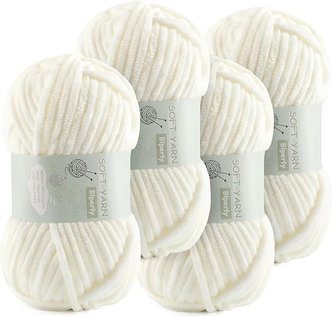 Chunky Chenille Yarn Velvet Soft Super Bulky Size 6 for Crocheting Knitting, Baby Blanket Yarn, 100g 71 Yds per Skein, Easy to Use for Scarves, Amigurumi, Crafts (4, Milky White)