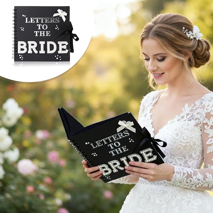 8 x 8 Inch Letters to The Bride Scrapbook Wedding Scrap Book Letters To The Bride Book Bridal DIY Blank Paper Scrapbook Photo Album with Pearl Stickers, Metallic Letters, Bows(Black)