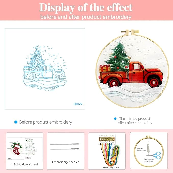 Zhenqing Christmas Tree & Red Truck Embroidery Kit - 29x29cm Printed Fabric, Hoop & Tools for Beginners (C0029)