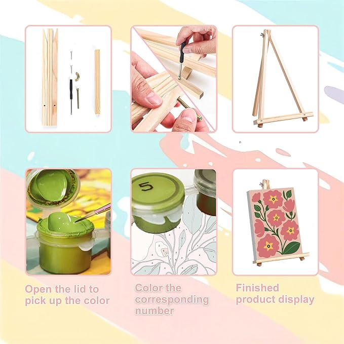 4 Pack Paint by Numbers for Adults with Framed Canvas - with Wooden Easel, Easy Flower Paint by Number for Beginners, Flowers Acrylic Oil Painting on Canvas with Brushes for Home Wall Decor 8x12 inch